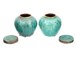 ANTIQUE CHINESE COVERED GLAZED TERRACOTTA OIL JARS