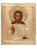 ANTIQUE RUSSIAN ORTHODOX JESUS ICON IN SILVER OKLAD