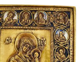 RUSSIAN BRONZE ENAMEL ICON TIKHVIN MOTHER OF GOD