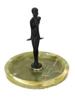 ART DECO BRONZE JADE STONE FEMALE NUDE ASHTRAY