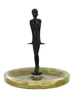 ART DECO BRONZE JADE STONE FEMALE NUDE ASHTRAY