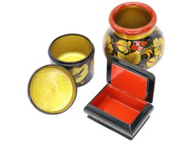 RUSSIAN KHOKHLOMA LACQUERED TRINKET BOXES AND POT