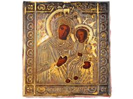 ANTIQUE RUSSIAN MOTHER OF GOD ICON IN SILVER OKLAD