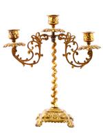 EARLY 20TH C GILT BRASS THREE LIGHT CANDELABRUM