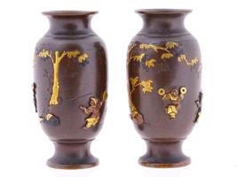 ANTIQUE MEIJI JAPANESE INLAID BRONZE VASES SIGNED