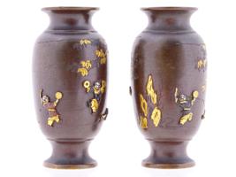 ANTIQUE MEIJI JAPANESE INLAID BRONZE VASES SIGNED