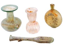 ANCIENT ROMAN EMPIRE GLASS BOTTLES AND BALSAMARIUM