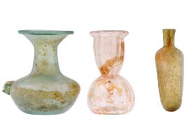 ANCIENT ROMAN EMPIRE GLASS BOTTLES AND BALSAMARIUM