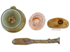 ANCIENT ROMAN EMPIRE GLASS BOTTLES AND BALSAMARIUM