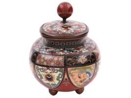 ANTIQUE JAPANESE MEIJI CLOISONNE ENAMEL LIDDED JAR