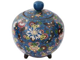 LARGE JAPAN MEIJI CLOISONNE COVERED JAR BUTTERFLIES