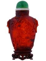 ANTIQUE CHINESE CARVED AMBER SNUFF BOTTLE W STAND