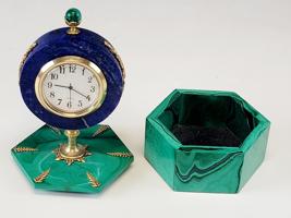 ART DECO MALACHITE LAPIS GILT SILVER DESK CLOCK BOX