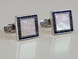 18K GOLD CHANNEL SAPPHIRES MOTHER OF PEARL CUFFLINKS