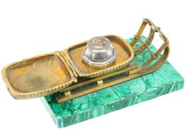 RUSSIAN SLED FORM BRONZE GLASS INK MALACHITE BASE