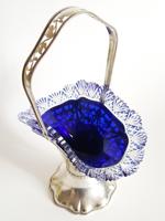 ANTIQUE STERLING SILVER BOHEMIAN COBALT GLASS BASKET