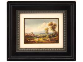 ANTIQUE 19TH C RURAL LANDSCAPE OIL ON TIN PAINTING