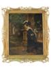 ANTIQUE 19TH C LOVERS GARDEN SCENE OIL PAINTING PIC-0