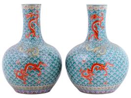 CHINESE FAMILLE ROSE DRAGON PAINTED PORCELAIN VASES