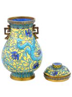 CHINESE QING BLUE AND YELLOW CLOISONNE LIDDED VASE