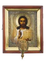 ANTIQUE RUSSIAN JESUS ICON IN SILVER OKLAD WOOD KIOT