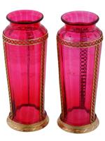 ANTIQUE FRENCH EMPIRE RED GLASS AND GILT BRASS VASES