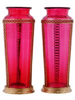 ANTIQUE FRENCH EMPIRE RED GLASS AND GILT BRASS VASES