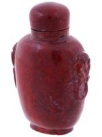 CHINESE HAND CARVED FOO DOG RED JASPER SNUFF BOTTLE