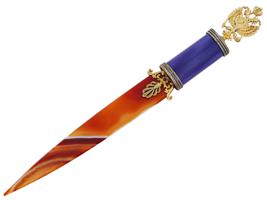 RUSSIAN GILT SILVER ENAMEL AGATE LETTER OPENER