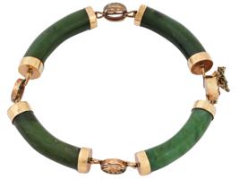 CHINESE 14K GOLD HAND CARVED JADE BANGLE BRACELET