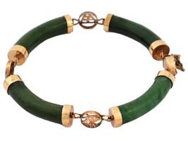 CHINESE 14K GOLD HAND CARVED JADE BANGLE BRACELET