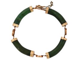 CHINESE 14K GOLD HAND CARVED JADE BANGLE BRACELET