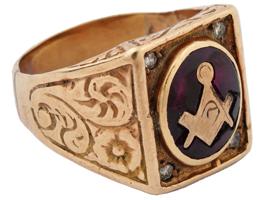 ANTIQUE 14K GOLD RUBY DIAMONDS MASONIC SIGNET RING