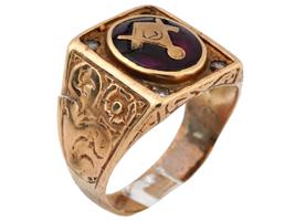 ANTIQUE 14K GOLD RUBY DIAMONDS MASONIC SIGNET RING