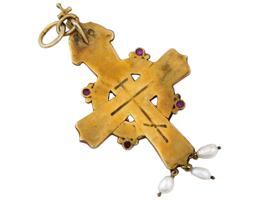 RUSSIAN 88 SILVER ENAMEL RUBY STONE CROSS PENDANT