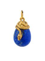 RUSSIAN GILT SILVER SNAKE LAPIS LAZULI EGG PENDANT