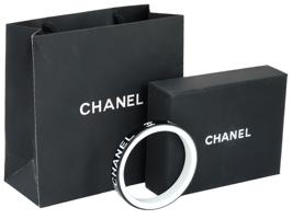 CHANEL BLACK AND WHITE LOGO BANGLE BRACELET IOB