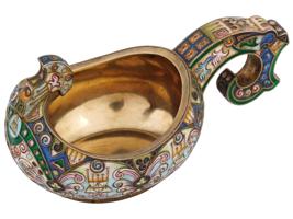 LARGE RUSSIAN SILVER GILT CLOISONNE ENAMEL KOVSH