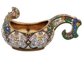 LARGE RUSSIAN SILVER GILT CLOISONNE ENAMEL KOVSH