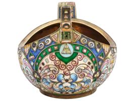 LARGE RUSSIAN SILVER GILT CLOISONNE ENAMEL KOVSH