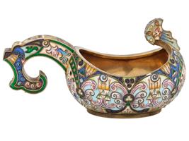 LARGE RUSSIAN SILVER GILT CLOISONNE ENAMEL KOVSH