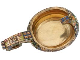 LARGE RUSSIAN SILVER GILT CLOISONNE ENAMEL KOVSH