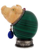 RUSSIAN SILVER MALACHITE EGG WITH JASPER PIG HEAD