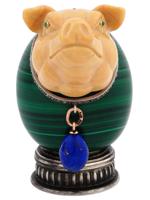 RUSSIAN SILVER MALACHITE EGG WITH JASPER PIG HEAD