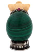 RUSSIAN SILVER MALACHITE EGG WITH JASPER PIG HEAD