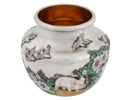 RUSSIAN 88 SILVER ENAMEL PIG SCENE VASE