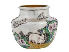 RUSSIAN 88 SILVER ENAMEL PIG SCENE VASE