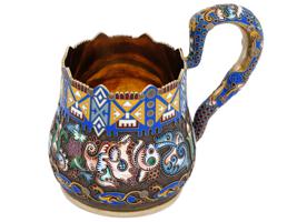 LARGE RUSSIAN 88 GILT SILVER CLOISONNE ENAMEL CUP