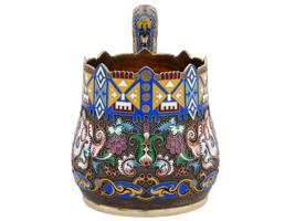 LARGE RUSSIAN 88 GILT SILVER CLOISONNE ENAMEL CUP