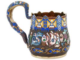 LARGE RUSSIAN 88 GILT SILVER CLOISONNE ENAMEL CUP